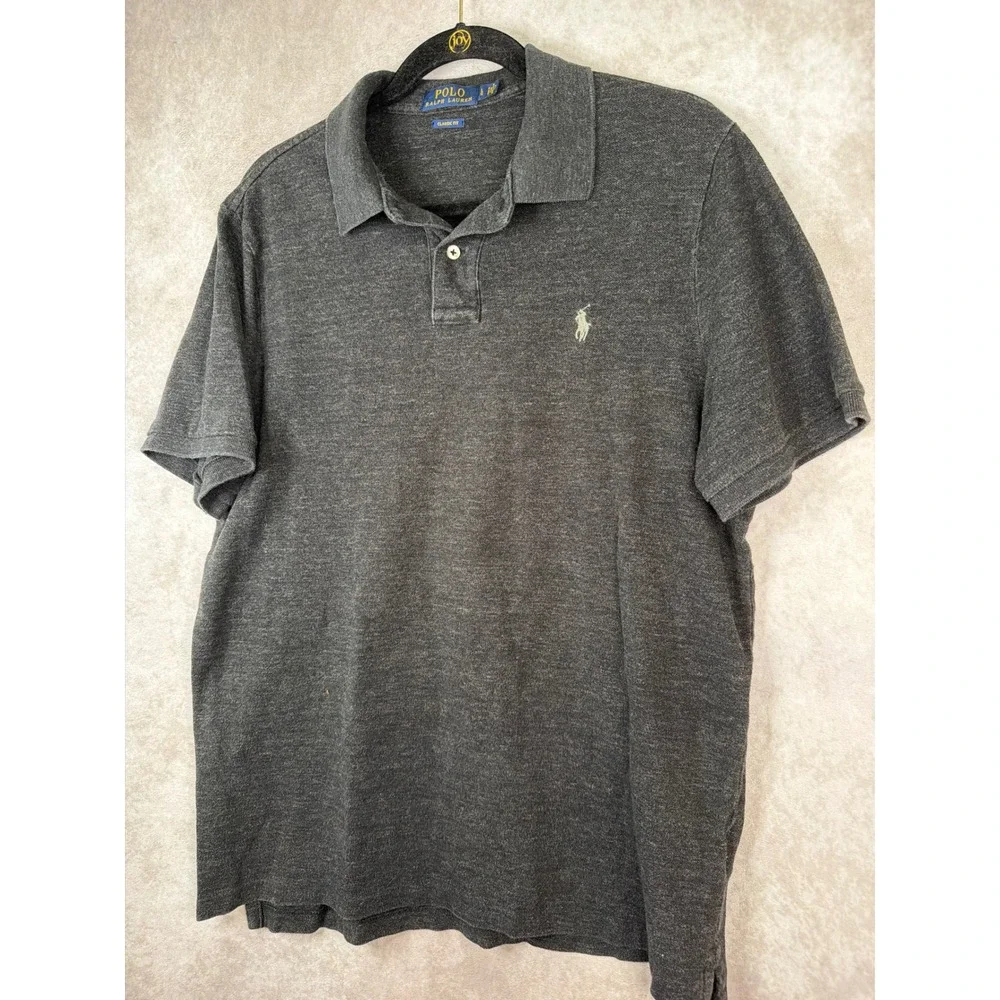 Polo Ralph Lauren‎ Polo Shirt Large Heathered Charcoal Gray Classic Fit Cotton